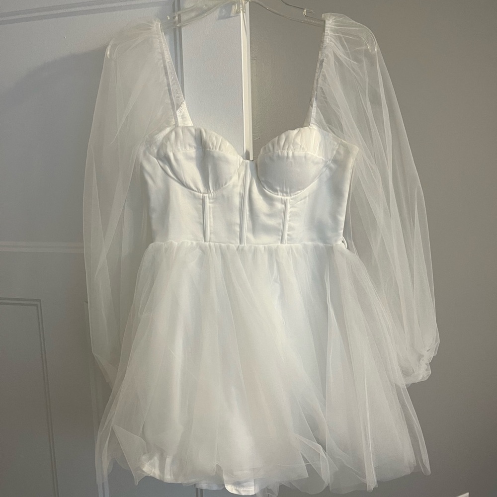 Elegant White Sheer Sleeve Babydoll Dress